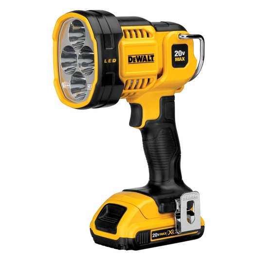 A DEWALT 20V MAX LED handheld spotlight with a yellow and black body, ergonomic grip, four LED bulbs, and a sturdy base. The product is marked with the DEWALT logo and 20V MAX label.