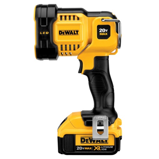 DEWALT DCL043 handheld LED spotlight with a yellow and black design, featuring a 20V MAX XR lithium ion battery, intended for portable illumination.