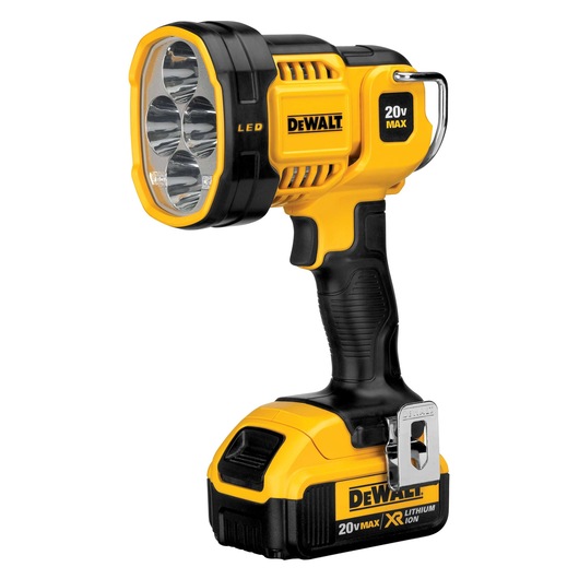 A DEWALT DCL043 20V Max LED handheld spotlight with a yellow and black design, featuring a pistol grip and rechargeable lithium-ion battery.