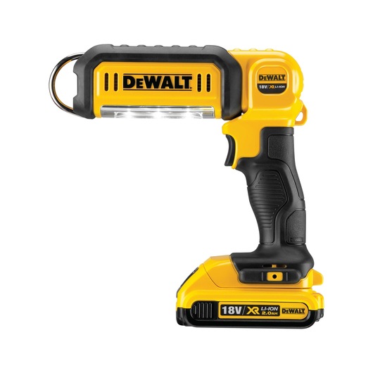 DEWALT DCL050 portable LED work light with 18V battery, yellow and black design, ergonomic handle.
