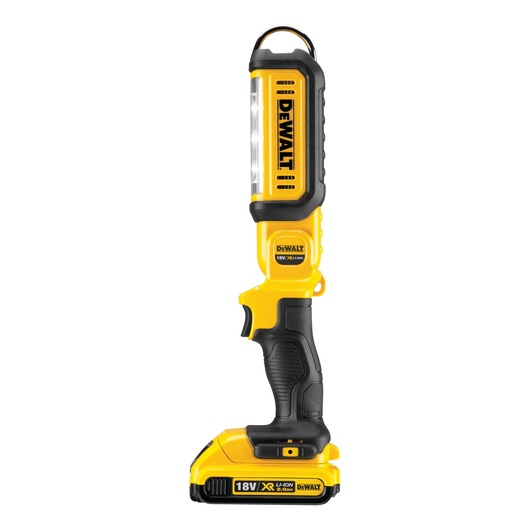 DEWALT DCL050 18V cordless LED work light with ergonomic handle and yellow-black design.