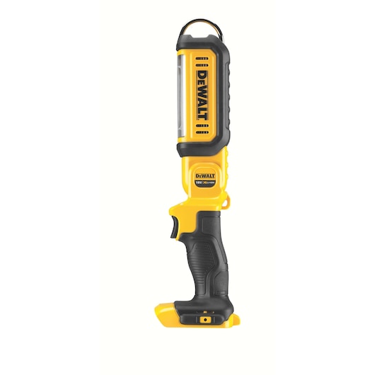 A DEWALT DCL050 handheld LED work light in yellow and black, with an ergonomic grip and hanging hook, designed for jobsite illumination.