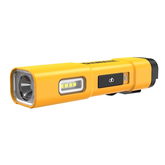 A yellow DEWALT handheld LED work light with a rectangular shape, side LED strip, main lens and a power button, model DCL183-KR photographed on a white background.
