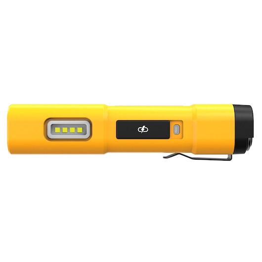 A yellow DEWALT LED flashlight with a black end and clip, side power button, and four LED lights visible on the side.
