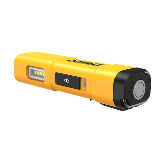 A yellow DEWALT handheld flashlight with LED lights, a black power button, and a compact design.