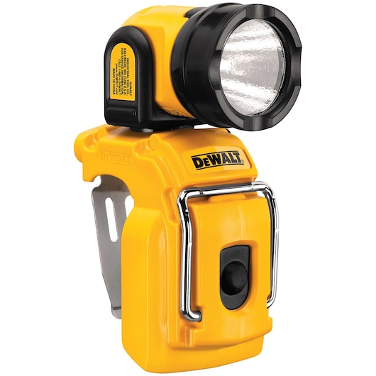 A yellow DEWALT portable LED work light with a black lamp head and a metal clip, designed for hands-free use.
