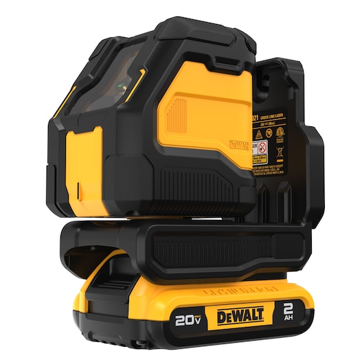 DEWALT 20V cross line laser tool with 2AH battery, model DCLE34021D1-KR, in yellow and black casing. The tool is designed for leveling and alignment in photography and construction tasks.