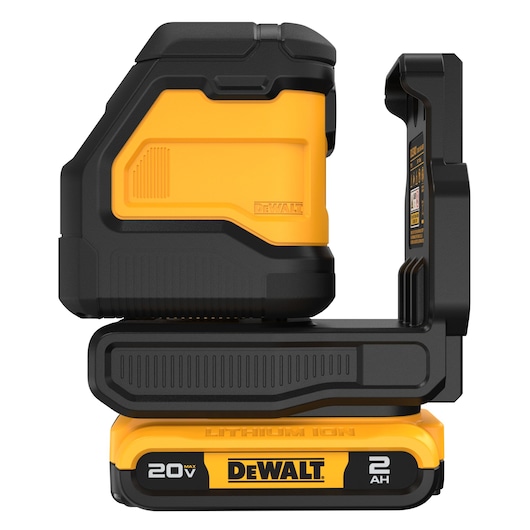 Side view of a DEWALT 20V lithium-ion battery-powered laser level, model DCLE34021D1-KR. The device is mostly black with yellow panels, featuring a prominent DEWALT logo and clearly marked 2Ah battery at the base.