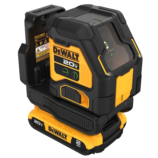 A DEWALT 20V cordless laser level tool, model DCLE34021D1-KR, designed for precise leveling and alignment tasks. The tool is black and yellow with a rechargeable lithium-ion battery attached at the bottom.