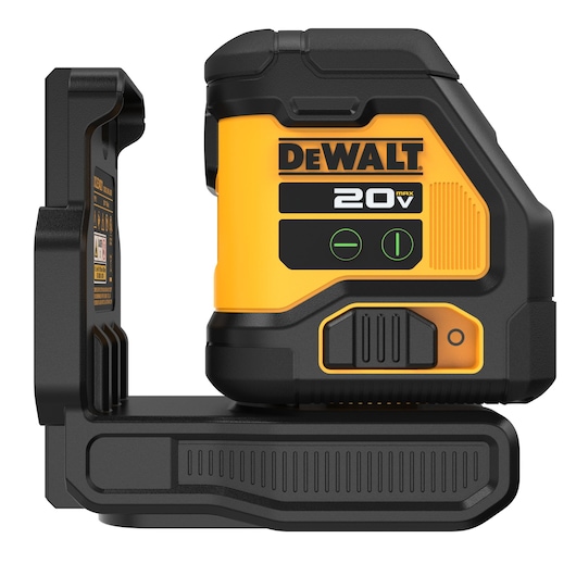 Side view of a DEWALT 20V max laser level tool with a rugged black and yellow design and visible control buttons. The product is mounted on a sturdy base.