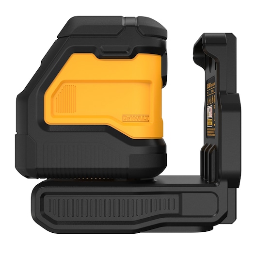 Side view of a DEWALT DCLE34021N-KR laser level device for photography, featuring a black and yellow casing with a robust, industrial design.