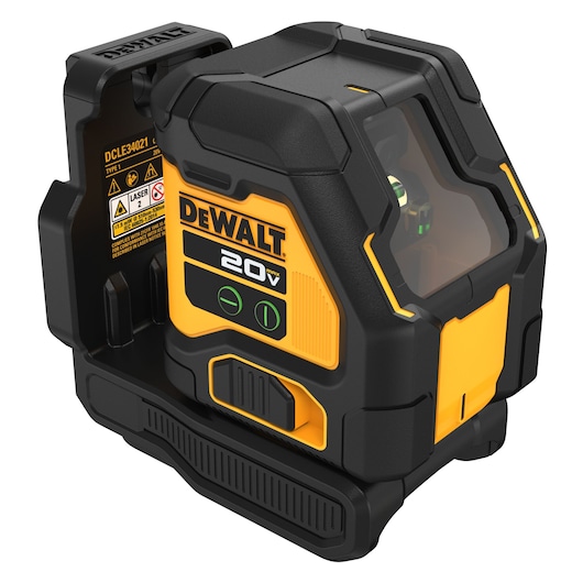 A DEWALT 20V laser level tool, model DCLE34021N-KR, featuring a yellow and black rugged exterior, visible control buttons on the side, and warning labels. The device is designed for precise alignment in construction or photography tasks.