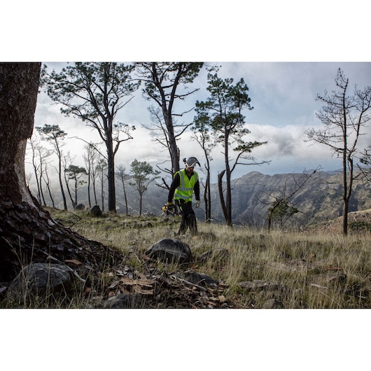 A worker wearing a high-visibility vest and protective gear is walking through a forested area on a hillside, carrying a DEWALT chainsaw. The scene includes trees, rocky ground, and mountains in the background.