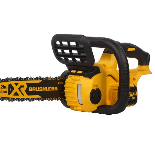 Close-up of a yellow and black DEWALT XR brushless cordless chainsaw with a 12-inch (30 cm) bar, showing the handle and chain.