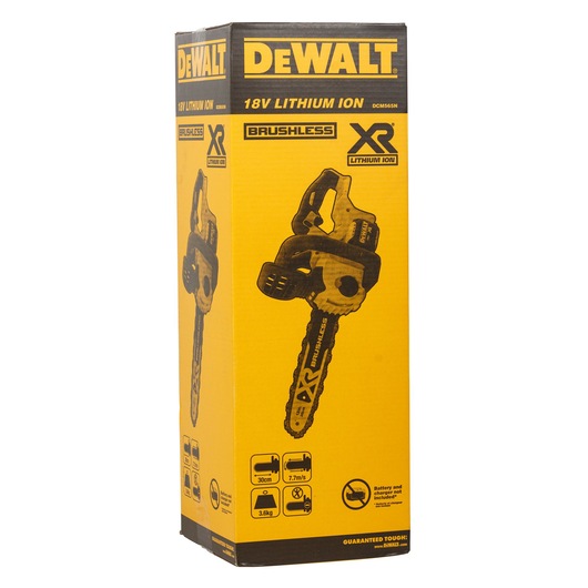 Product packaging of a DEWALT 18V Lithium Ion XR Brushless chainsaw, model DCM565N. The box is mainly yellow and black, featuring a graphic of the chainsaw and highlighting specifications such as bar length (30 cm), cutting speed (7.7 m/s), weight (3.6 kg), and notes that the battery and charger are not included.