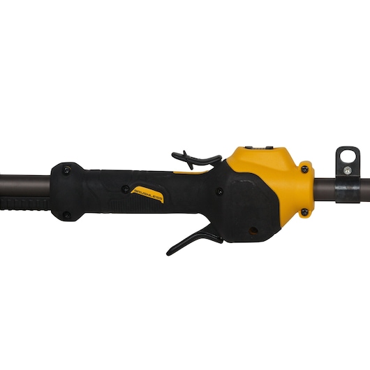 Close-up of the handle and trigger area of a DEWALT power tool, featuring a black and yellow design with labeled 'BRUSHLESS' on the handle.