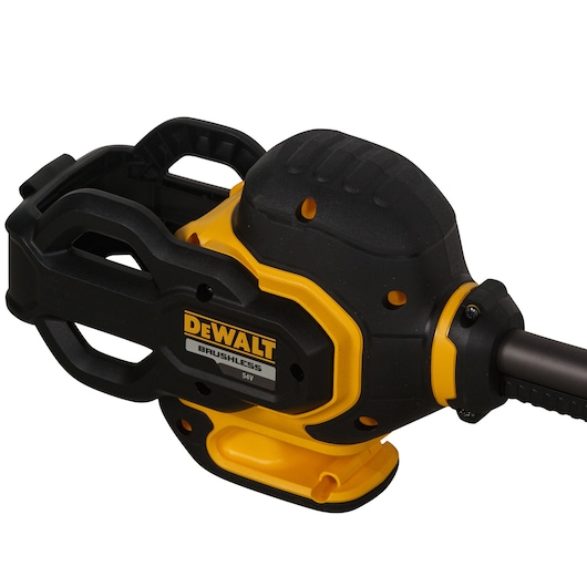 Close-up view of a DEWALT brushless 54V power tool, showing the motor housing in black and yellow colors.