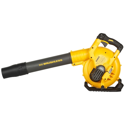 A yellow and black DEWALT 54V brushless leaf blower with a handle, nozzle, and motor housing, photographed against a white background.
