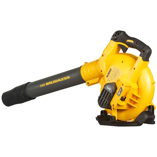 A DEWALT 54V brushless cordless blower with a yellow and black design, featuring a handle and nozzle. The product is used for clearing debris and is suitable for outdoor maintenance.