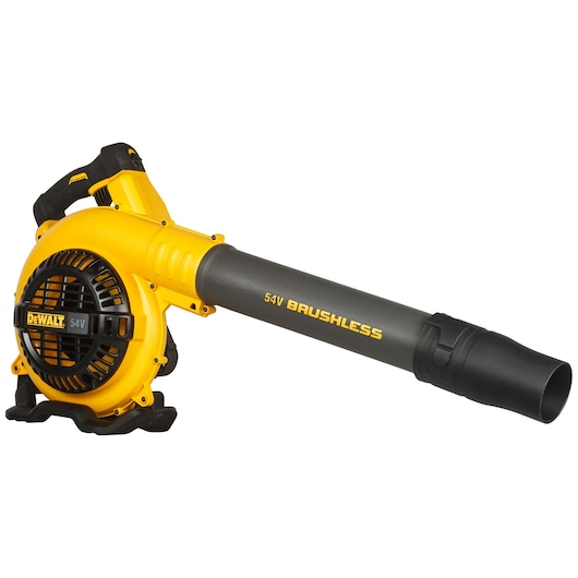 A yellow and black DEWALT 54V brushless cordless blower, featuring a sturdy handle and a long nozzle.