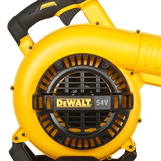 Close-up of a DEWALT 54V cordless blower featuring a yellow and black design, with a visible handle and air intake vent.