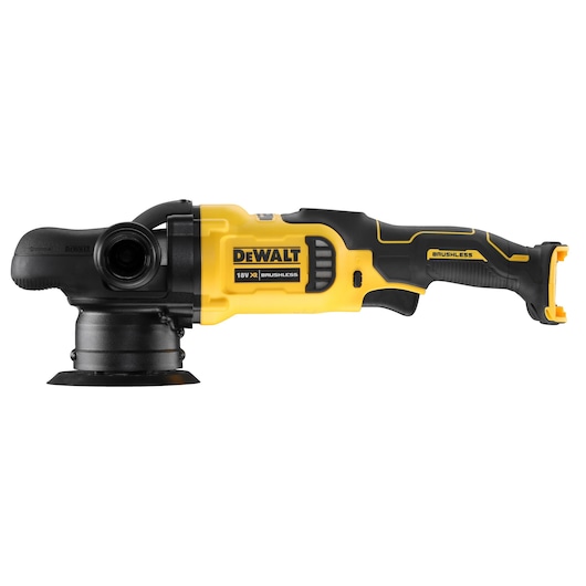 DEWALT cordless brushless polisher, yellow and black, with ergonomic grip, shown against a white background.