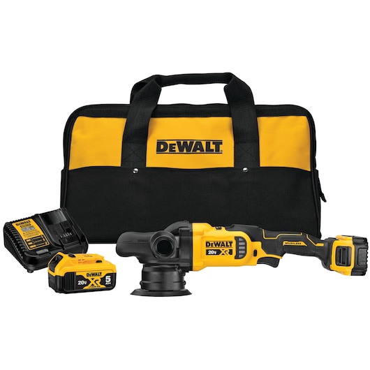A DEWALT cordless polisher kit including a yellow and black polisher, a carrying bag, a battery, and a charger, all displayed on a white background.