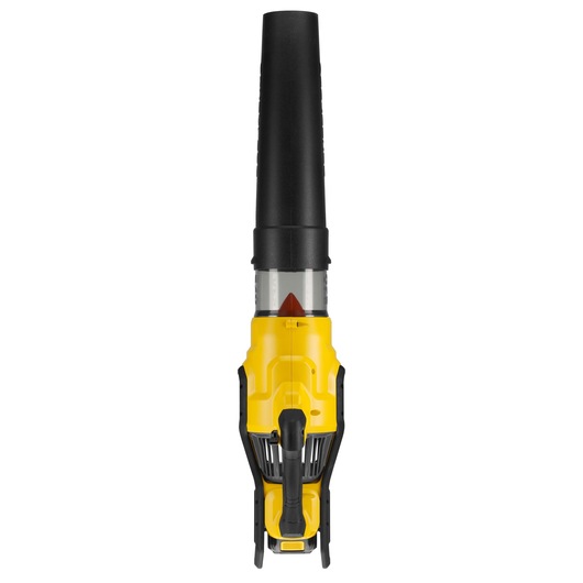 Front view of a yellow and black DEWALT leaf blower with a long nozzle on white background.