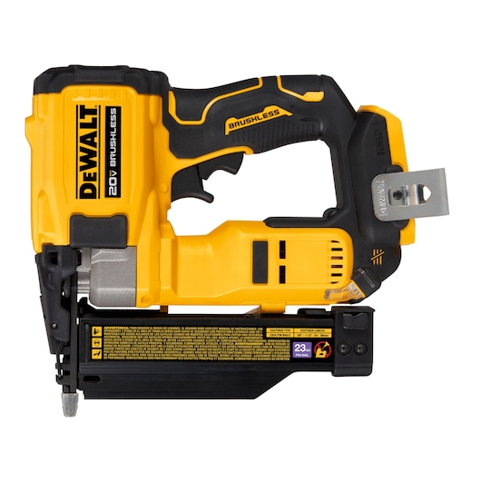 A DEWALT 20V brushless cordless nailer tool, with a yellow and black design, shown in a side view.