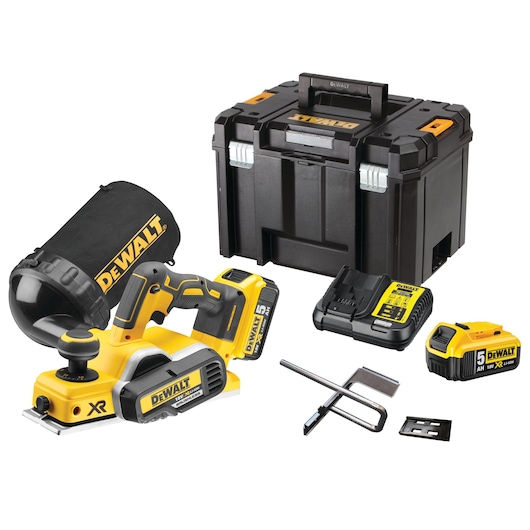 DEWALT DCP580P2 cordless planer kit with batteries, charger, accessories, and storage box shown.