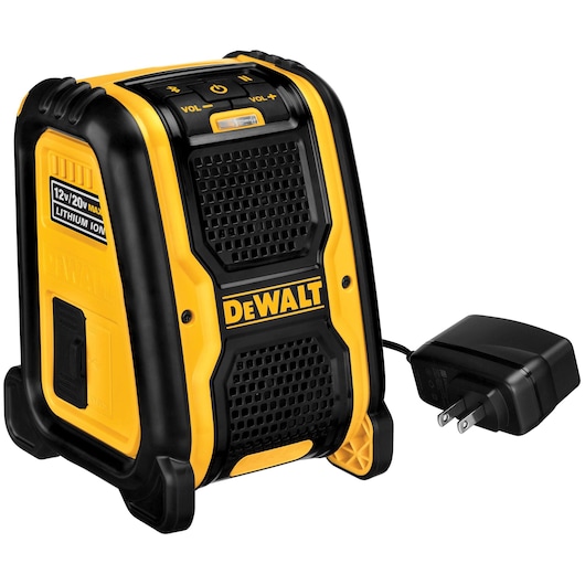 DEWALT DCR006 portable yellow and black Bluetooth speaker and charger for 12V/20V lithium-ion batteries.