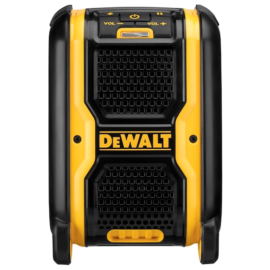 Front view of a DEWALT portable Bluetooth speaker, model DCR006, with a yellow and black rugged design, volume buttons, and speaker grille.