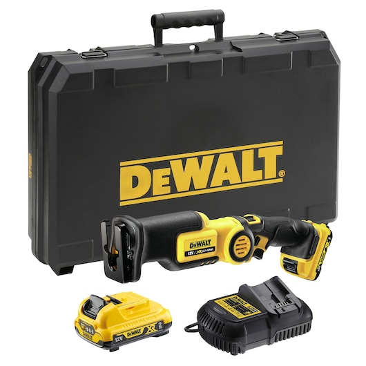 DeWalt cordless saw kit with carry case, battery, and charger. Black and yellow color scheme.