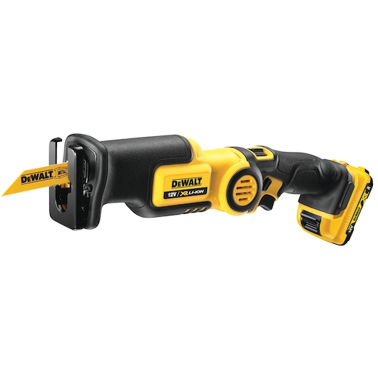 DEWALT cordless reciprocating saw, 12V XR Li-Ion, yellow and black, with battery and blade visible.