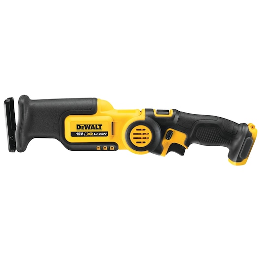 DEWALT 12V cordless reciprocating saw, black and yellow design, ergonomic grip, side view.