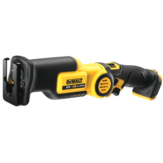 DEWALT 12V XR Li-Ion cordless reciprocating saw with ergonomic handle, yellow and black design.