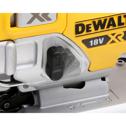 Close-up view of a DEWALT 18V XR power tool, showing a yellow and silver body with a black adjustment knob and part of the DEWALT branding.