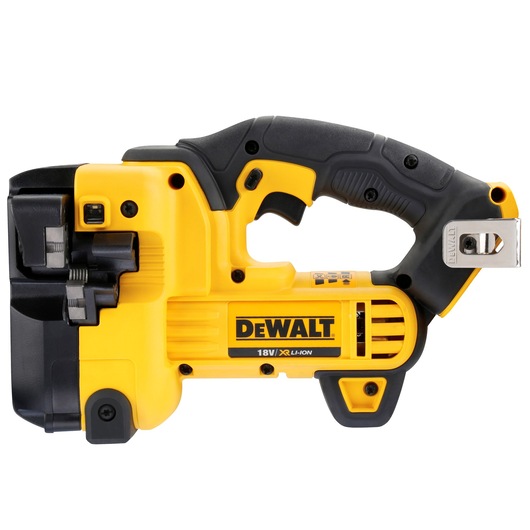 Yellow DEWALT DCS350N 18V cordless metal cutting tool with black handle and compact design.