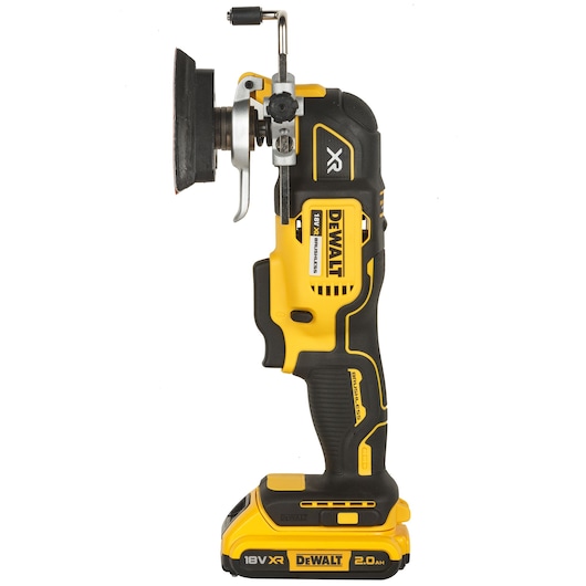A DEWALT DCS355D2 cordless 18V XR oscillating multi-tool with a black and yellow handle and battery pack, shown upright with the attachment facing left.