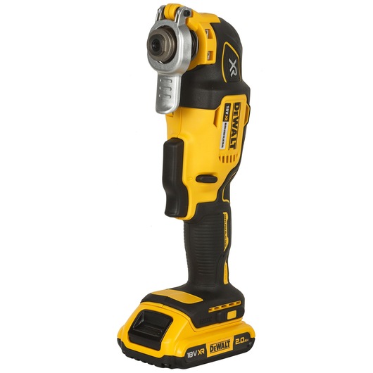 A DEWALT DCS355D2 18V XR oscillating multi-tool with a yellow and black body, shown upright with a battery pack attached at the base.