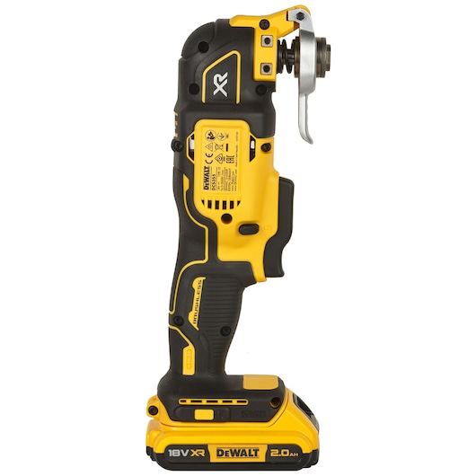 A DEWALT DCS355D2 cordless oscillating multi-tool with an 18V XR battery, shown in a side view. The tool has a yellow and black design with a blade attachment at the front.