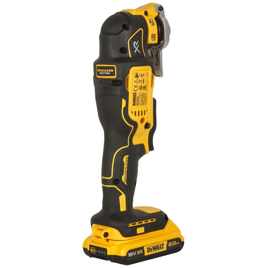 A DEWALT cordless oscillating multi-tool with a brushless motor and an 18V XR 2.0Ah battery, standing upright on a white background.