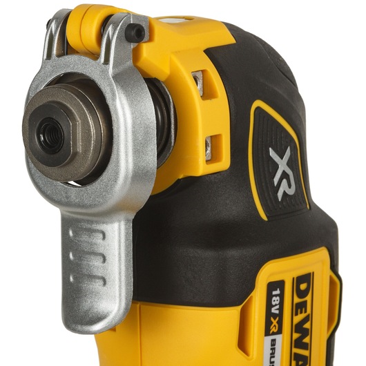 Close-up image of a DEWALT DCS355D2 18V XR brushless oscillating multi-tool, showing the front metal attachment area and part of the black and yellow body.