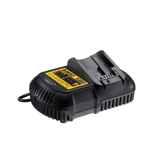 A DEWALT black and yellow battery charger for power tools, shown on a white background.
