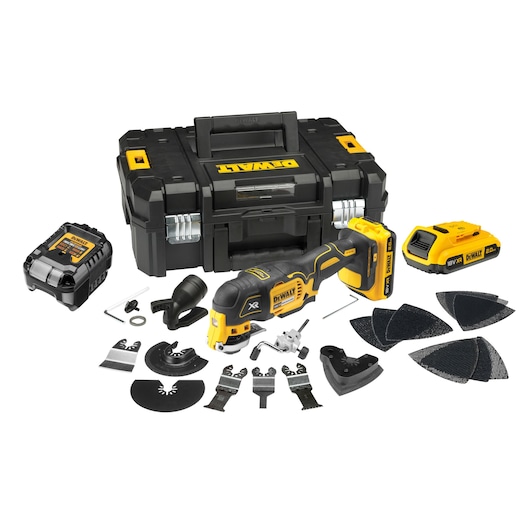 A DEWALT DCS355D2 cordless oscillating multi-tool kit is shown, including the tool, two 20V MAX XR batteries, a charger, carrying case, assorted blades, sanding attachments, sanding sheets, and accessory parts, all arranged on a white background.