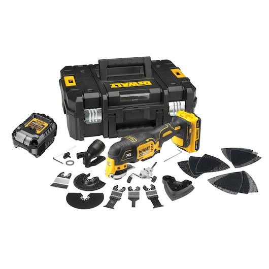 DEWALT DCS355D2 cordless oscillating multi-tool kit, shown with black and yellow tool, accessories including various blades and sanding pads, battery, charger, and carrying case.