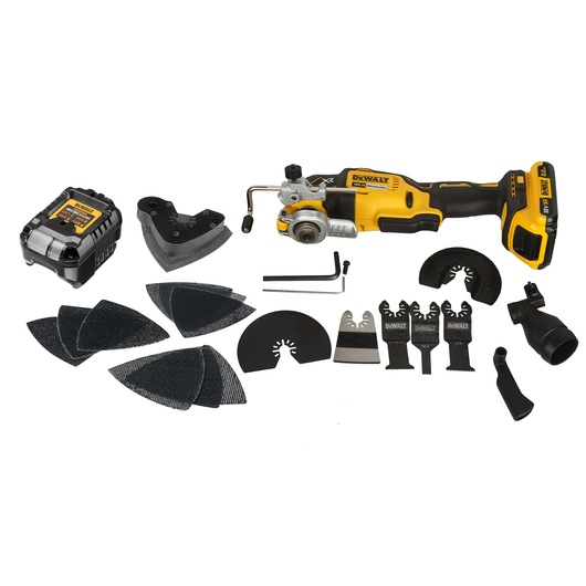 A DEWALT DCS355D2 cordless oscillating multi-tool kit displayed with its various accessories, including a battery pack, sanding pads, multiple blades, and attachments arranged on a white background.