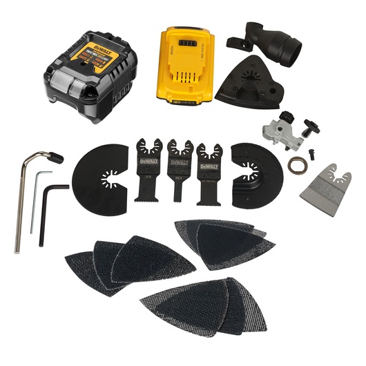 A collection of DEWALT branded accessories and attachments for a power tool, including sanding pads, blades, a battery charger, and various tool attachments, arranged on a white background.