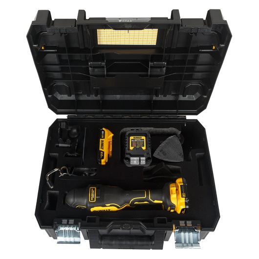 Top view of a DEWALT DCS355D2 multi-tool kit in a black case, showing a cordless oscillating tool, two batteries, charger, accessories, and tool compartments.