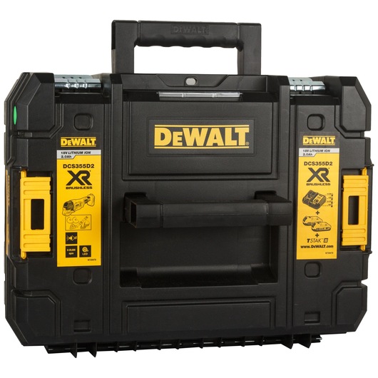 Black and yellow DEWALT hard carrying case for the DCS355D2 XR Brushless tool, featuring handles and product labelling.